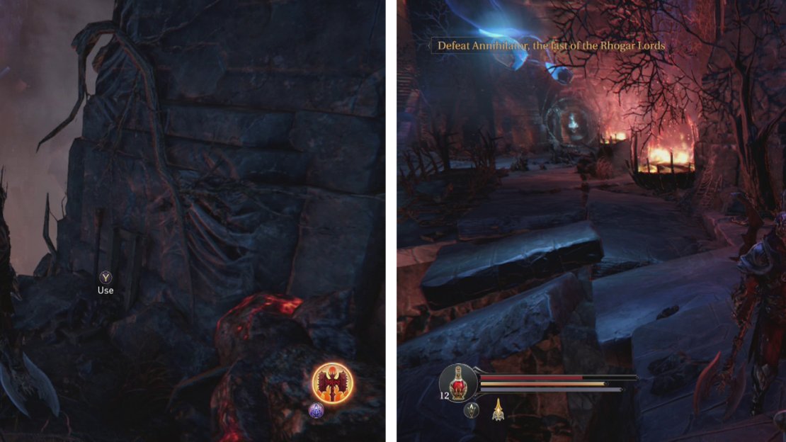 Pull the lever on the South Edge of the abyss room (left) to open the locked gate on the North side of the room (right). Inside is the Staff’s Head quest item.