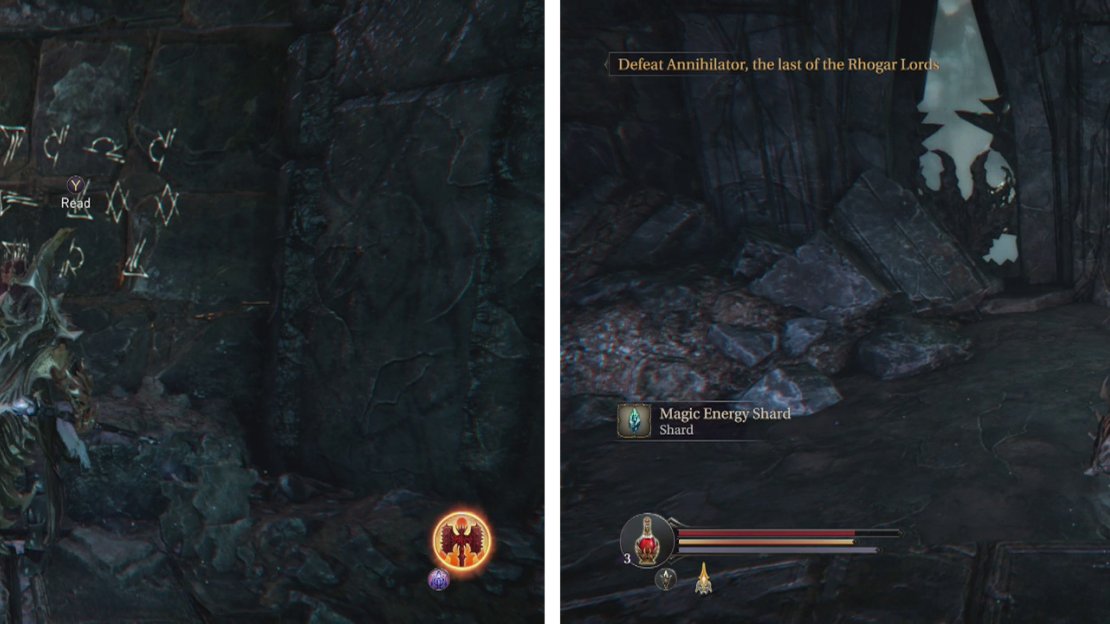 If you take a detour to the Altar Ruins, you can find a Runic Note (left) and a statue to destroy with the Tor Hammer (right).