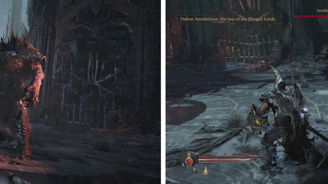 The Annihilator is a mostly stationary target (left). Wait for him to throw his mace (left) before running in to attack.