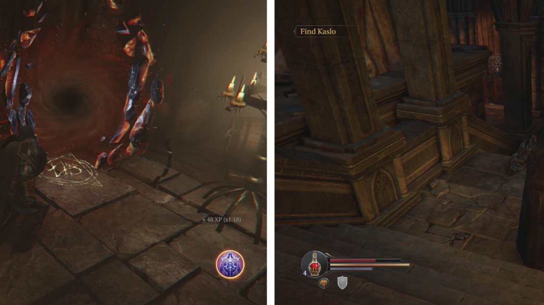Enter the Loot Crystal #1 (left) before returning to the stairwell, continue down to ground level for the exit and an Audio Note (right).