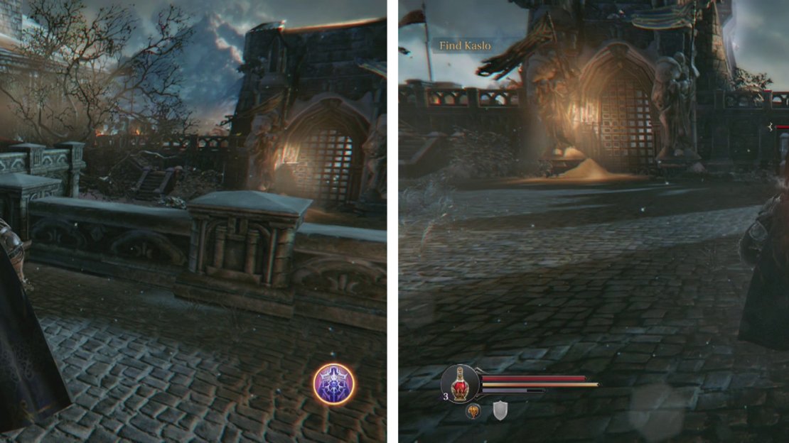 Use the Checkpoint Crystal as you exit (left). Clear the courtyard (right) and pull levers on the platforms either side of the gate to open it.