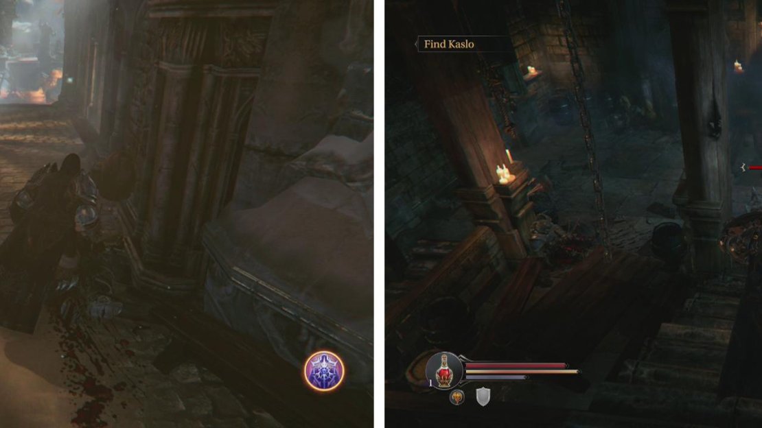 Speak with the Wounded monk just outside the gate (left) and then head inside the left hand door and kill the Spiders inside (right).
