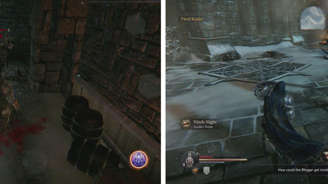 Run up and confront the first Crossbowman (left) before climbing to the top of the North Watchtower to fight a maruader (right).