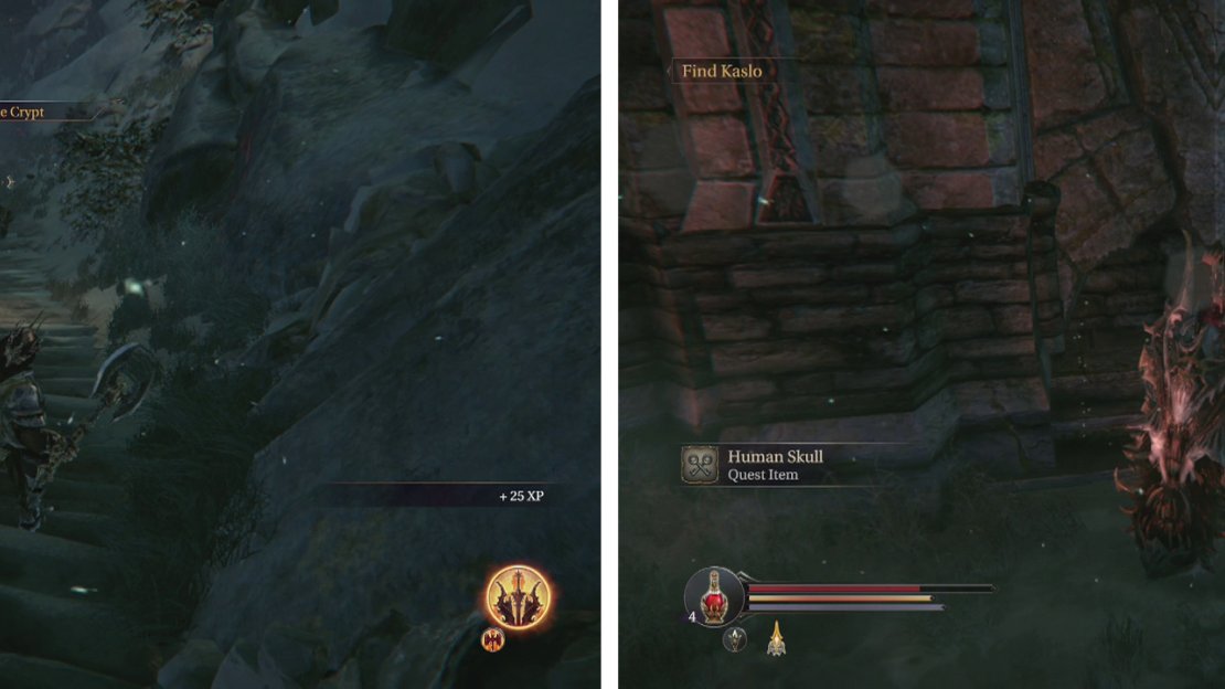 Fight the Golems at the bottom of the hill (left) before entering the next gate and speaking with Kaslo (right).