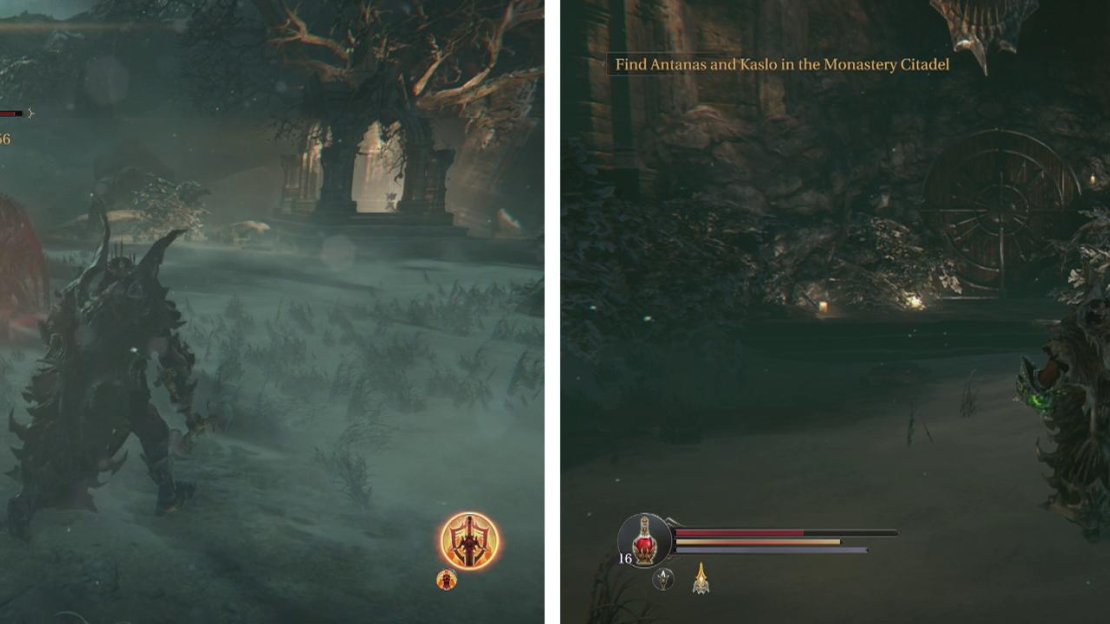 Kill the Warden in the graveyard (left) and then enter the door to the Catacombs (right).