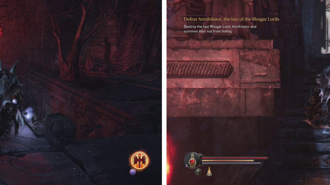 Use the Checkpoint Crystal nearby (left) before climbing the stairs to fight the Annihilator (right).