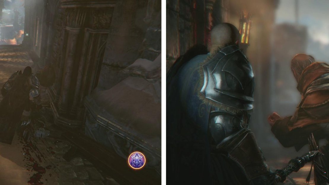 After exiting the gate speak to the monk (left). During the conversation (right) cut off his hand and give him a potion.