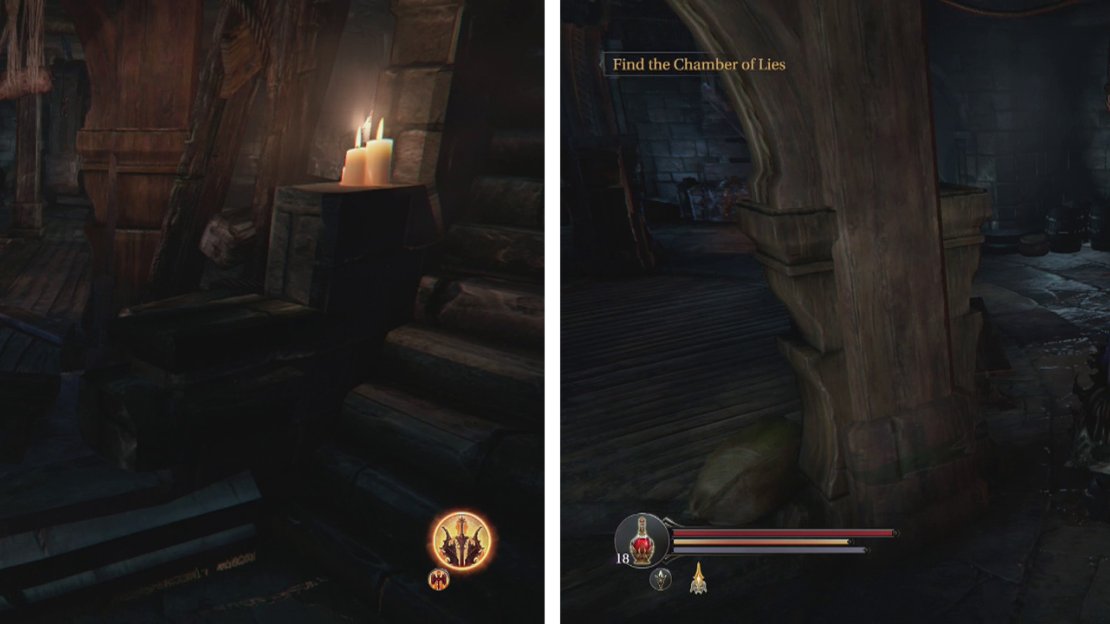 Kill the Spider in the South Watchtower (left). After informing the monk it is gone, you can then find him where the Spider was located (right).