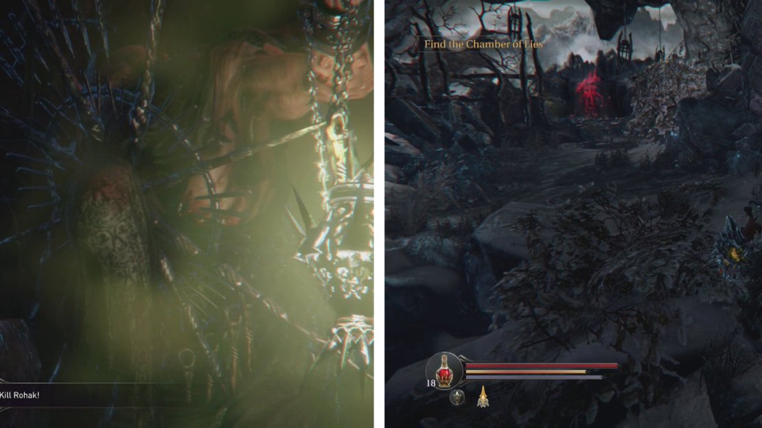 You’ll first meet the Crippled Rhogar after the Infiltrator fight (left). Upon your next visit to the Rhogar Realm, he is down the path left of the back entrance to the Temple (right).