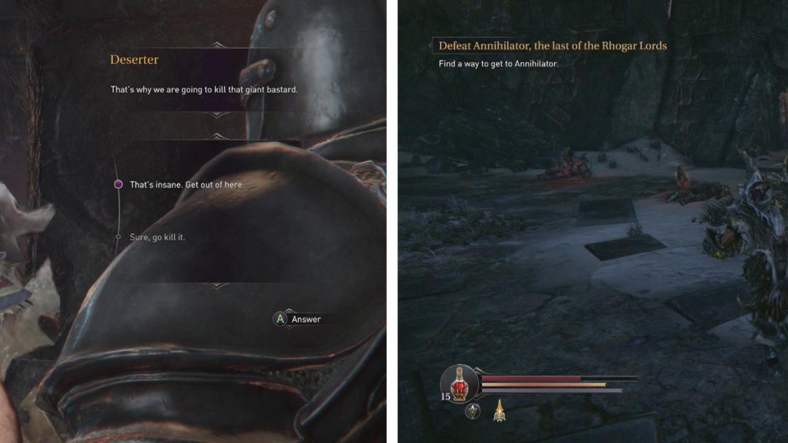 You can convince the deserters to attack the Guardian boss (left). After the fight you can loot their Human Tattoos from the arena floor (right).