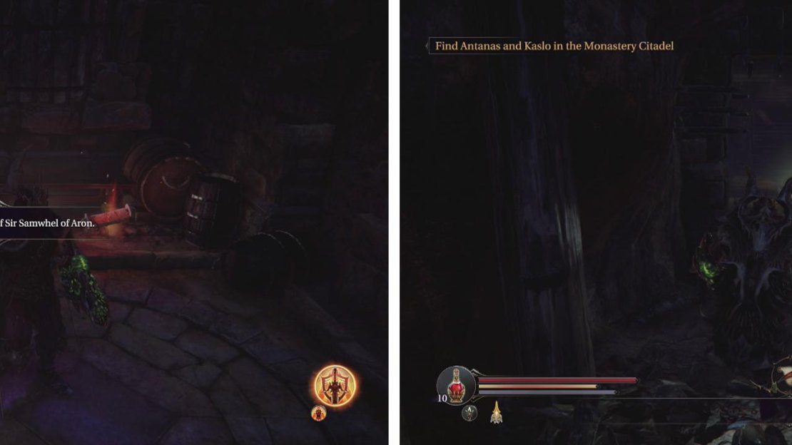 Enter the wooden door near the lever (left) for a Lever Handle item. Use this to open the Infected Monk’s cell and kill him (right) to complete the side-quest.