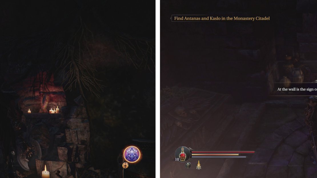 Break down the wall in one of the Cell Circle cells (left). Grab the Heirloom Hammer inside and take it to the sarcophagus in the Mines section of the Catacombs (right).