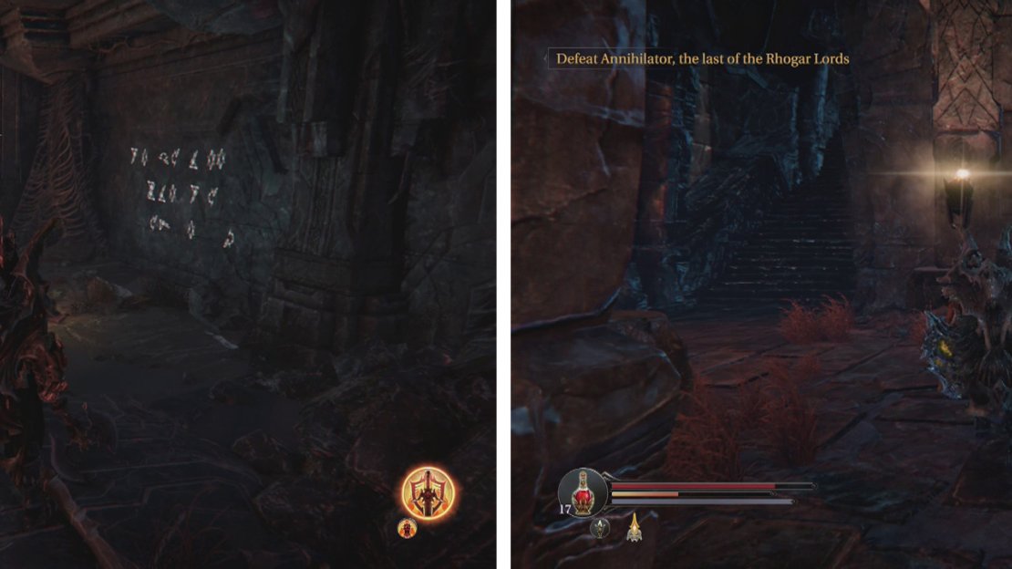One of the Runic Inscriptions in the Chamber of Lies (left) and at an exit to the Infiltrator’s boss fight arena (right).