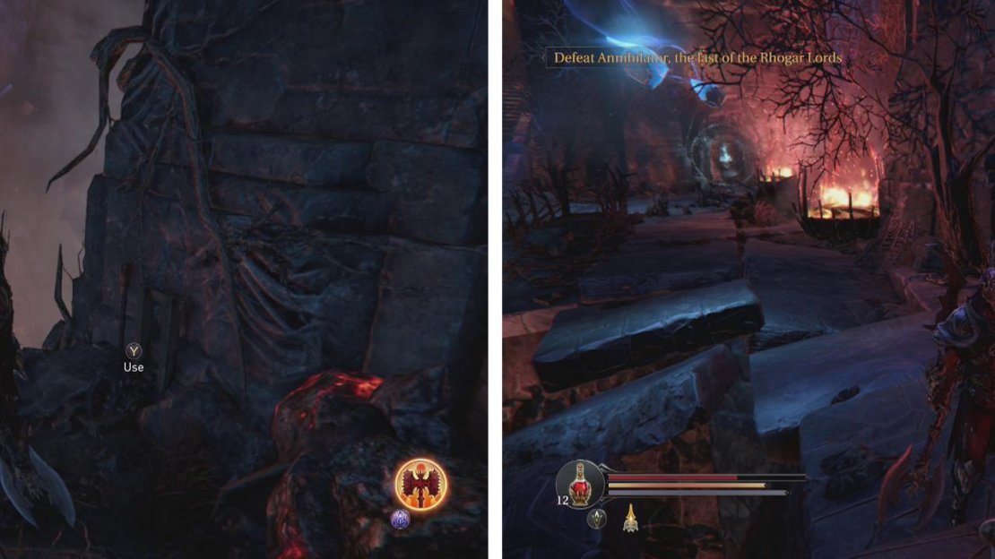 Pull the lever on the South Edge of the abyss room (left) to open the locked gate on the North side of the abyss (right). Inside is the Staff’s Head quest item.