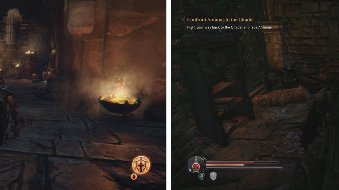 After defeating the Beast, return to the Champion’s arena to find a chest and several Audio Notes (left). There is a hidden wall in the Cellar area containing an Empty Bottle (right).