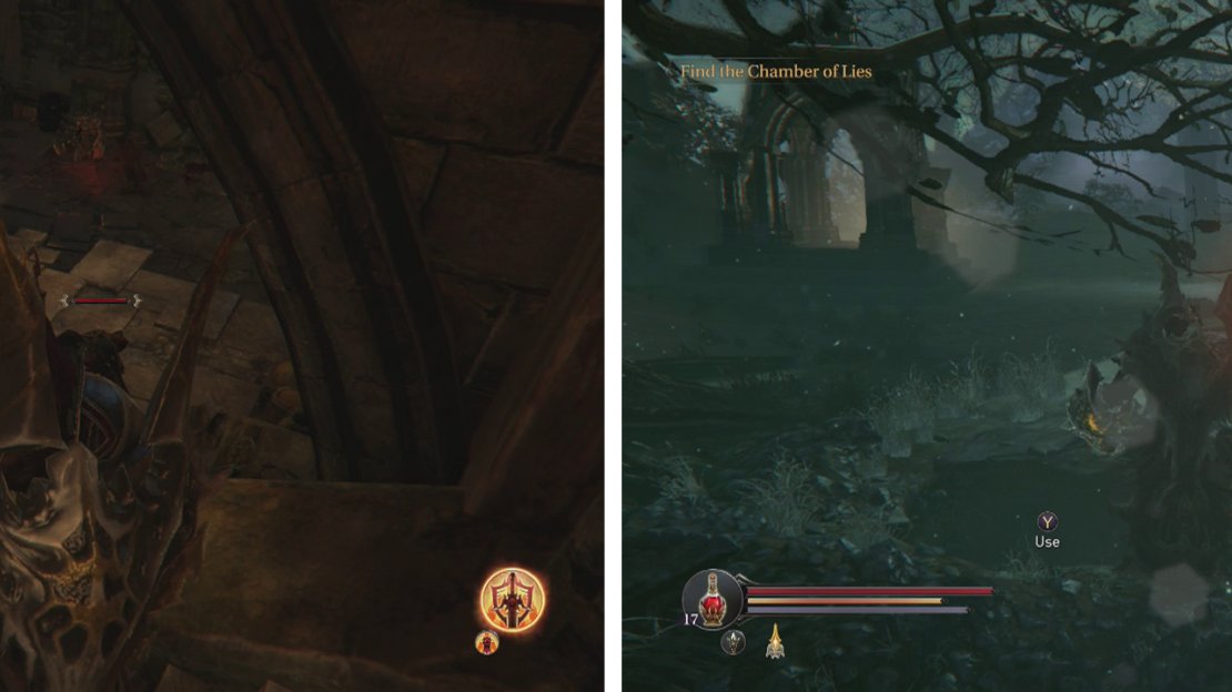 Grab the Cursed Sword from the Old Quarters in the Citadel (left). Place the sword into the hole in the Graveyard (right) to fight a ghost for a reward.