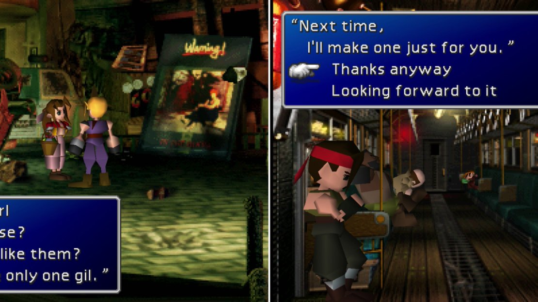 After the bombing, you’ll run into a flower girl (left). When you make it onto the train, Jessie will bore you with some technical details about Midgar’s public transportation system (right).