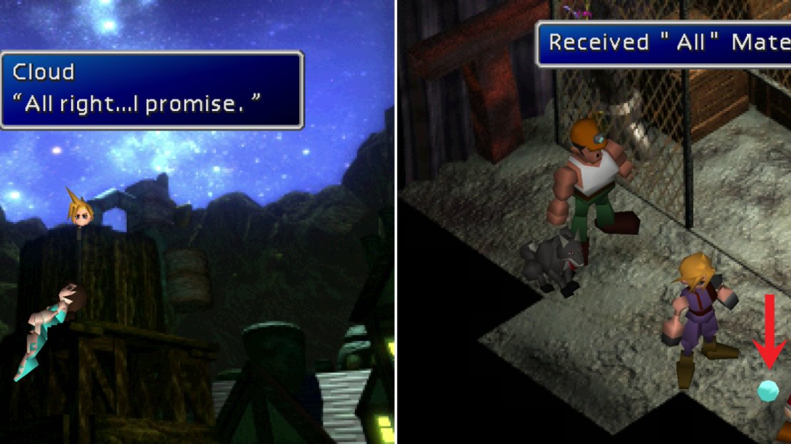 A fateful promise comes back to haunt Cloud (left). Make sure you grab the All Materia in the training area in Sector 7 (right).