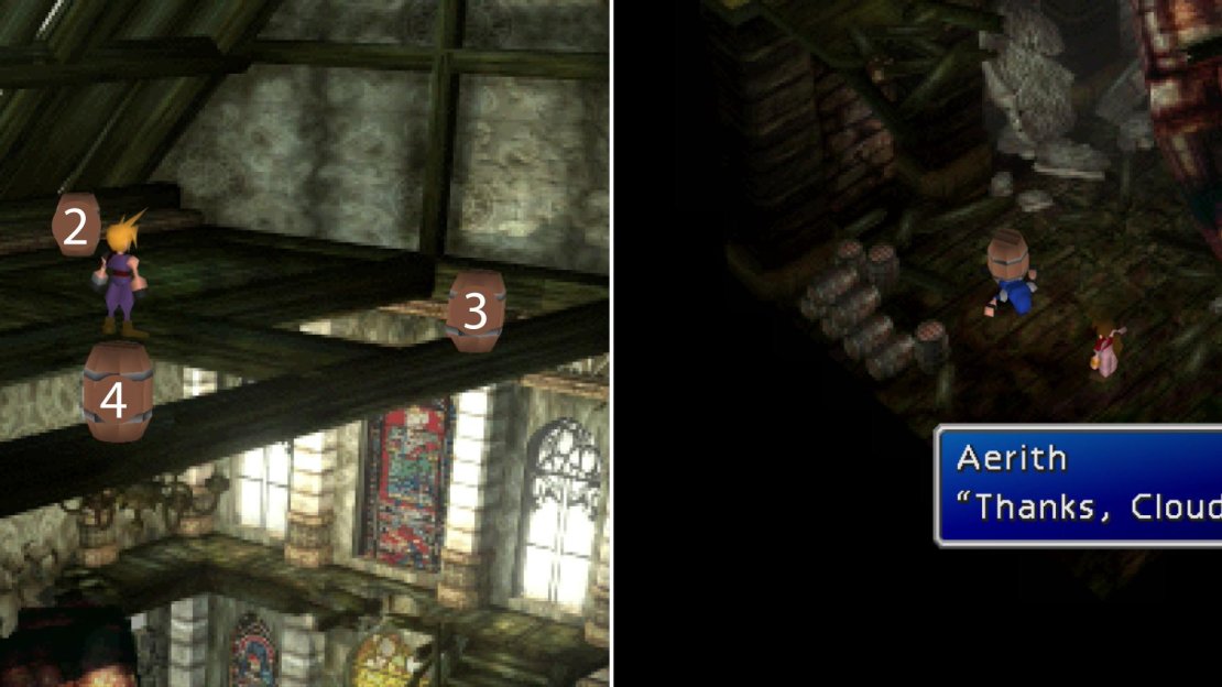 Push the barrels over in the correct order to thwart Shinra’s pursuit (left) and earn Aeris’s gratitude (right).