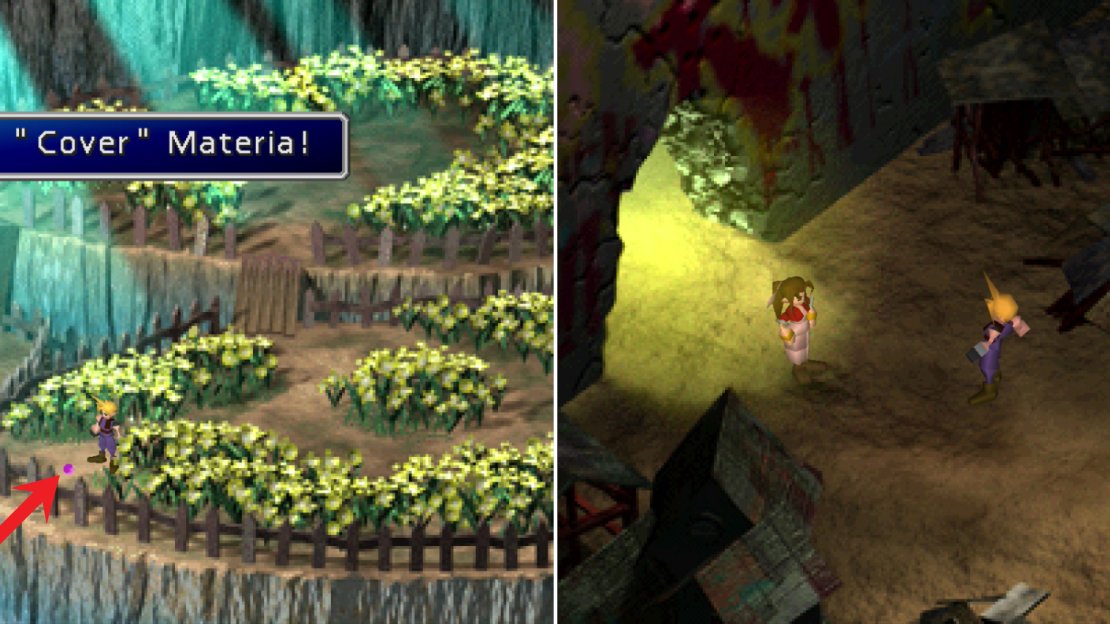 Pick up the Cover Materia in Aeris’s garden (left) then do your best to sneak to Sector 6 without rousing Aeris… (right).