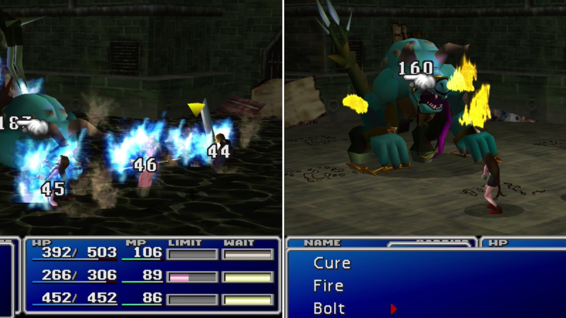Aps’s “Sewer Tsunami” attack will hit everybody in the battle… including Aps! (left). Aps is vulnerable to fire, so be sure to take advantage of his weakness by pummeling him with magic (right).