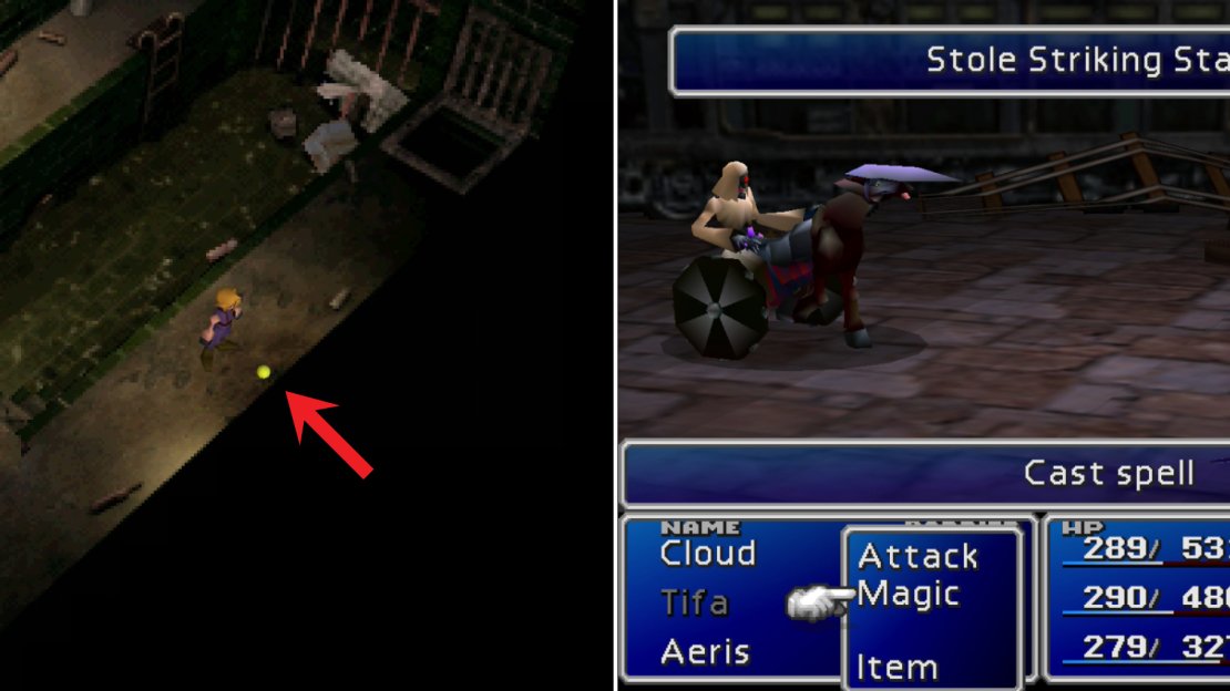Pick up the Steal Materia before leaving the sewers (left). You can steal a Striking Staff from Eligor enemies in the Train Graveyard (right).