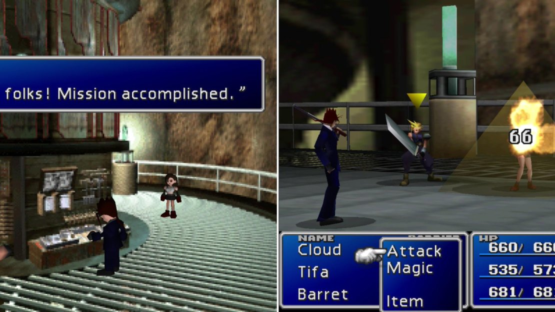 Despite your valient efforts, Reno of the Turks sets Shinra’s diabolical scheme in motion (left). Dispel Reno’s “Pyramid” spell by attacking the pyramid imprisoning a character (right).