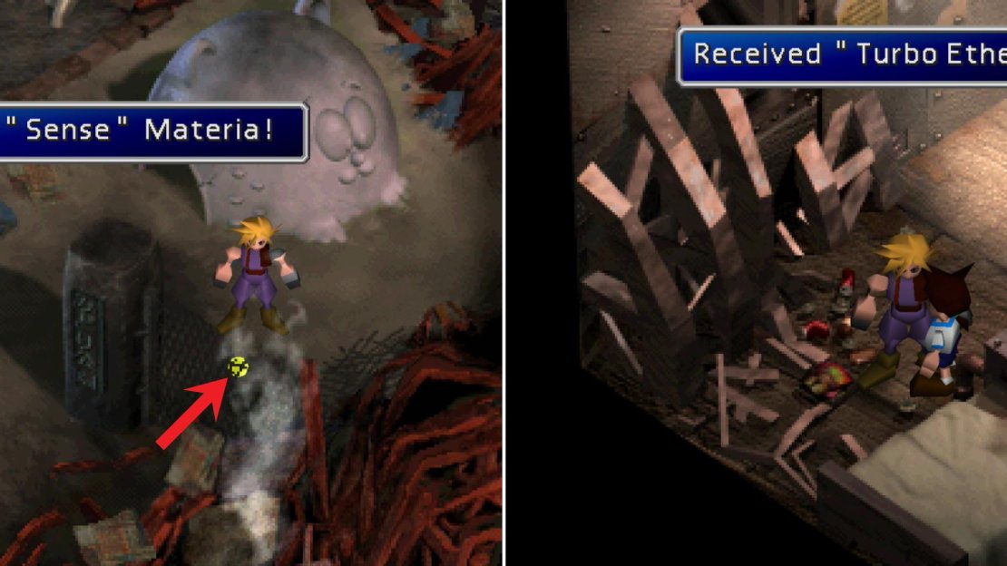 Grab the Sense Materia from the playground (left) and talk to the budding entrepreneur in Sector 5 to get a Turbo Ether (right)… at least, if you didn’t steal his 5 Gil earlier.