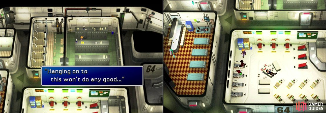 Cloud, in his ignorance, ends up leaving behind one of the most powerful weapons in the game (left). What a dink&hellip; If you assault the vending machine now, you can harvest it for some goodies much, much later (right).