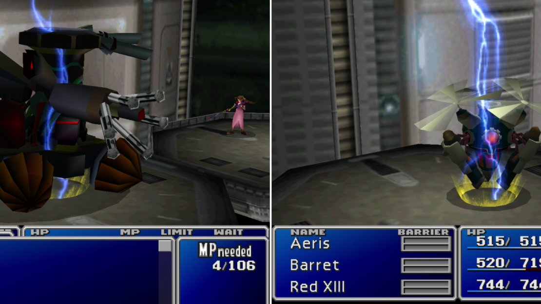 Hundred Gunner is protected by distance, but is vulnerable to lightning (left). After inflicting enough damage, Heli Gunner will replace Hundred Gunner, and as a machine, it’s weak to lightning, too (right).