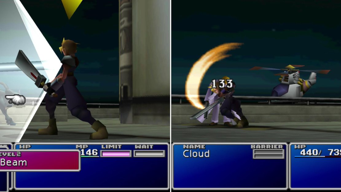 Rufus’s pet Dark Nation will start out the fight by protecting its master (left). In the long run, however, Rufus can’t trade blows for Cloud in a one-on-one engagement (right).