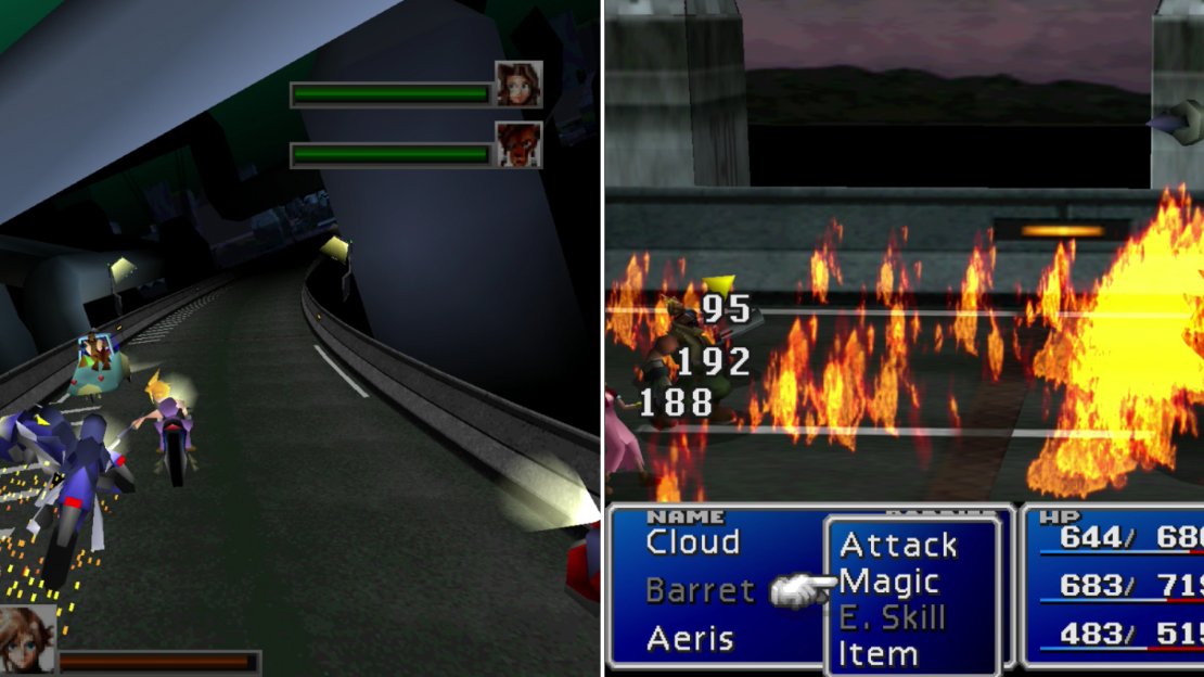 Defend your allies from enemy motorcycles as you make your escape (left). At the end of the road you’ll have to fend off Motor Ball, who shows its fondess for fire with its “Twin Burner” and “Rolling Fire” attacks (right).