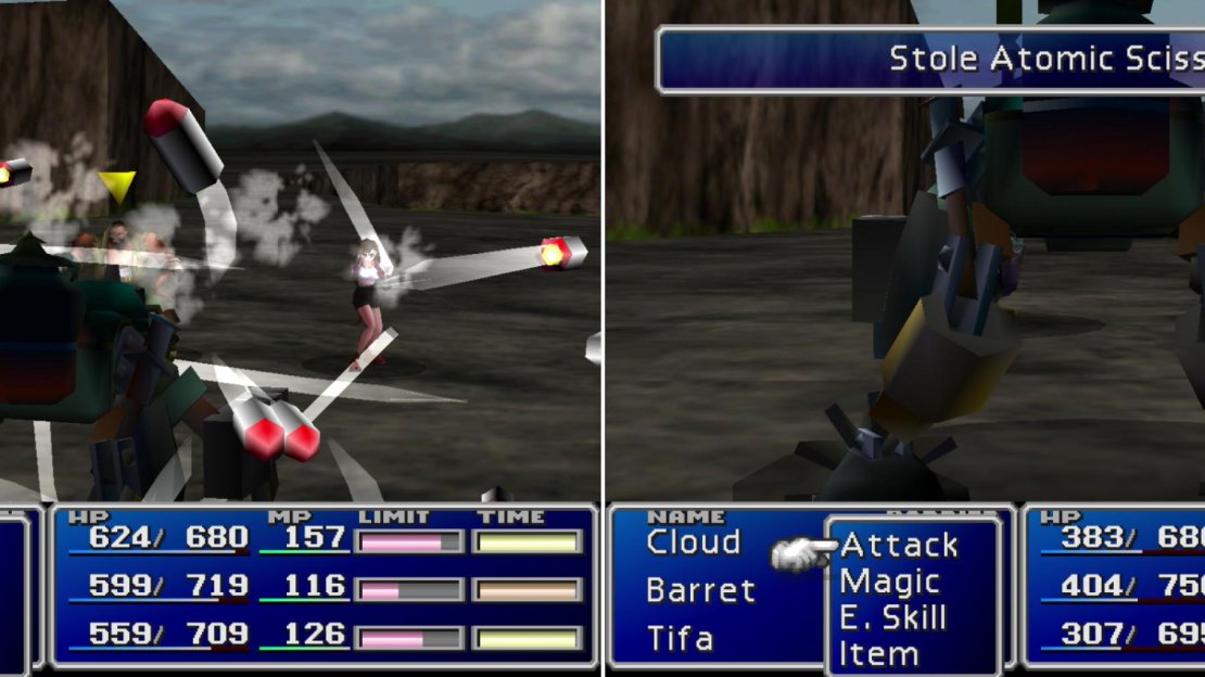 You can learn your first Enemy Skill, “Matra Magic” from Custom Sweeper enemies around Midgar (left). You can also steal Atomic Scissors from them (right).