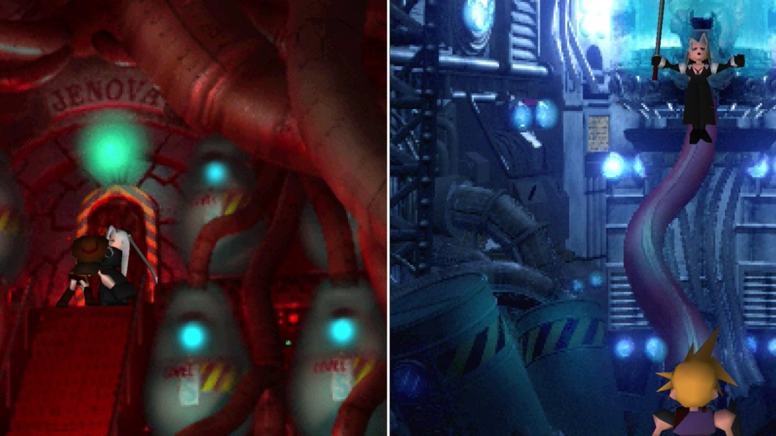 A young Tifa tries to attack Sephiroth, with predictable results (left). Cloud ends his story with a terrible cliff-hanger (right).