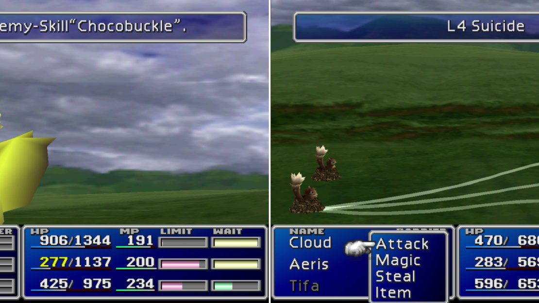 Learn “L4 Suicide” from Mu enemies (right) then, after feeding a level 16 Chocobo some Mimett Greens, cast “L4 Suicide” on it to have it respond with “Chocobuckle”.