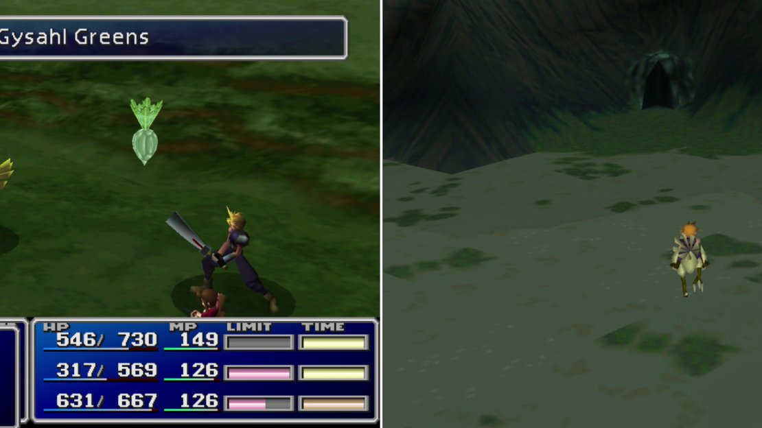 Distract Chocobos by feeding them some Greens (left) then ride the captured bird across the swamp, evading the Midgar Zolom (right).