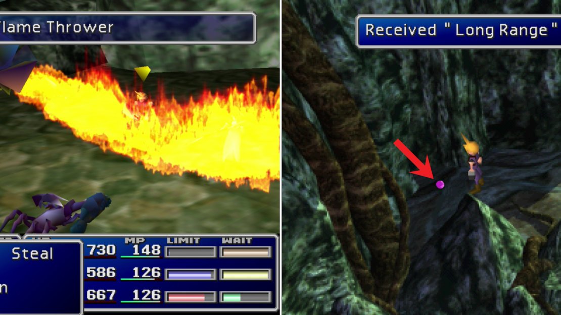 You can learn the “Flamethrower” Enemy Skill from Ark Dragons (left). Be sure to grab the Long Range Materia on your way through the Mythril Mines.