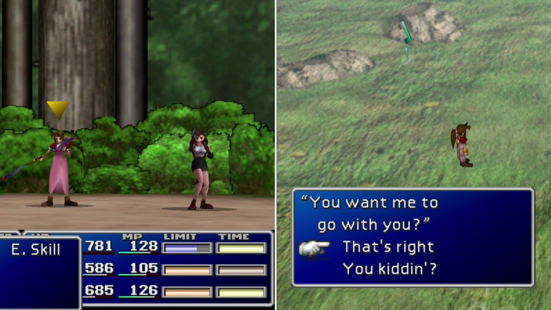 If you explore the forests outside of Junon you can encounter a “Mystery Ninja” (left). Beat some sense into her and pick the right responses and she’ll agree to tag along (right).