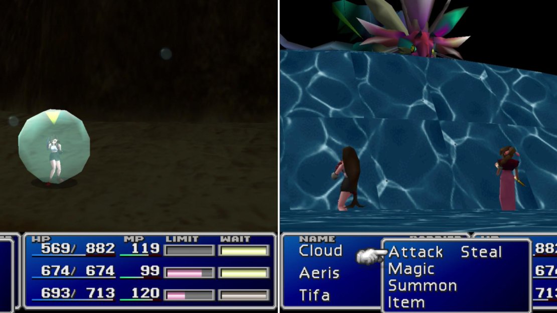 A character trapped in Bottomswell’s “Waterpolo” will constantly take damage (left). It’s “Big Wave” attack will hit the entire party, like Aps’ “Sewer Tsunami”, save Bottomswell is wise enough not to hit itself (right).