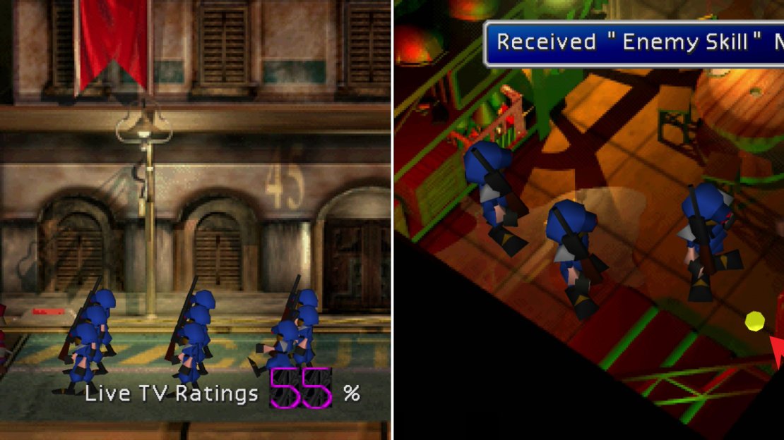 Put on a good show at the parade to get a present from the network (left). Be sure to grab the Enemy Skill Materia in the training area (right).