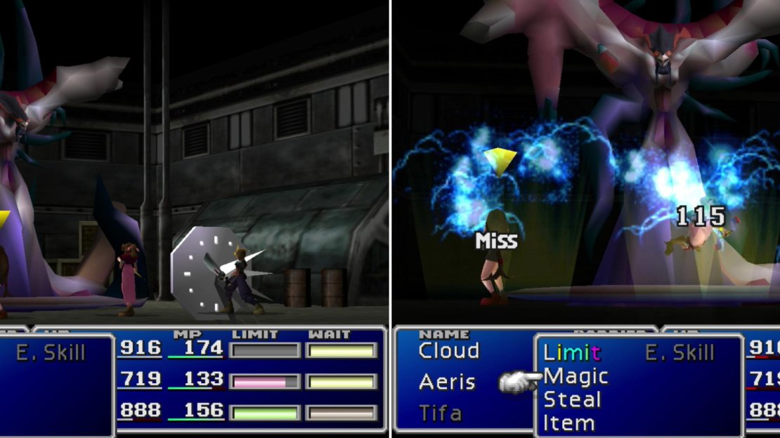 Jenova-BIRTH’s “Stop” spell can… well, stop a character in their tracks (left). Her “Tail Laser” attack will blast the entire party for a modest amount of damage (right).