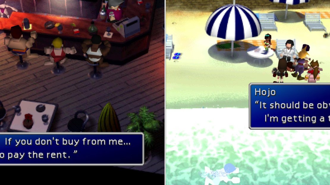 The shady merchant in the bar will sell some interesting pieces of armor (left). On the beach you’ll find Hojo, who seems too interested in your pursuit of Sephiroth (right).