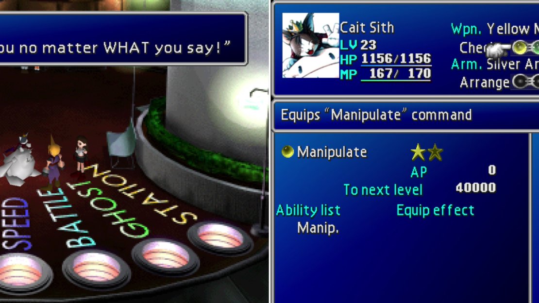 After telling a couple of dubious fortures, Cait Sith will invite itself along (left). On the plus side, this annoying automaton has some Manipulate Materia equipped when it joined (right).