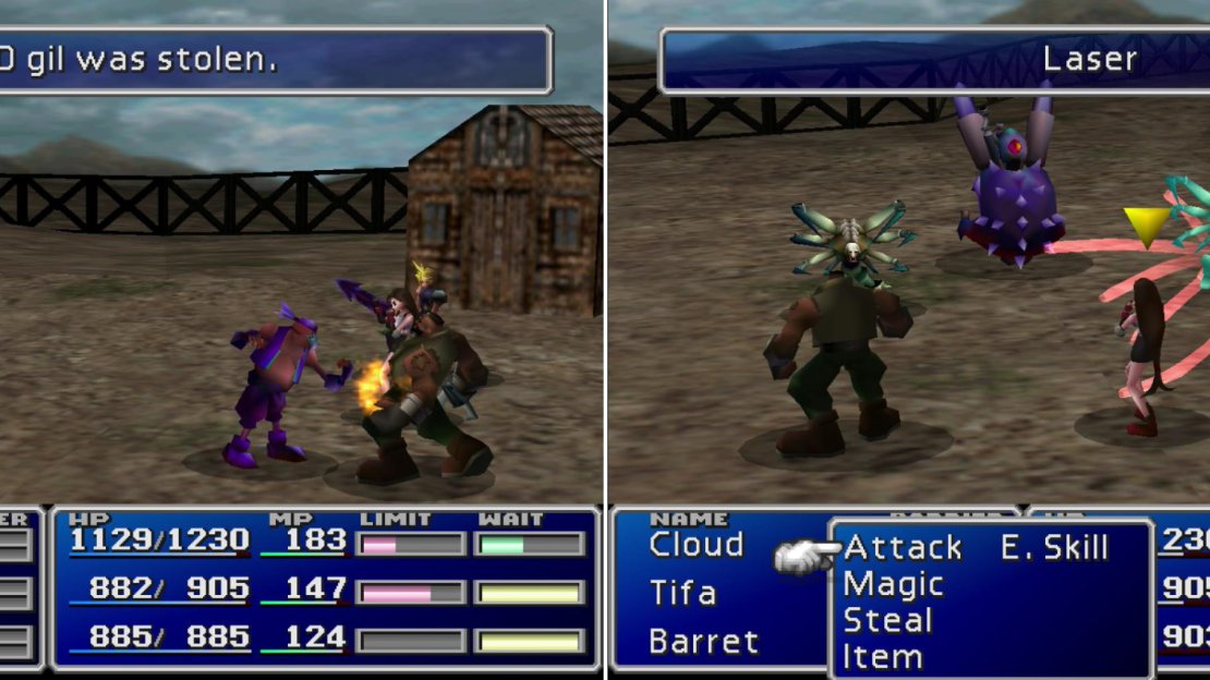 Bandits, while not dangerous, can steal valuable items from you (left). You can try out the newfound Manipulate Mtaeria to learn the “Laser” Enemy Skill (right).