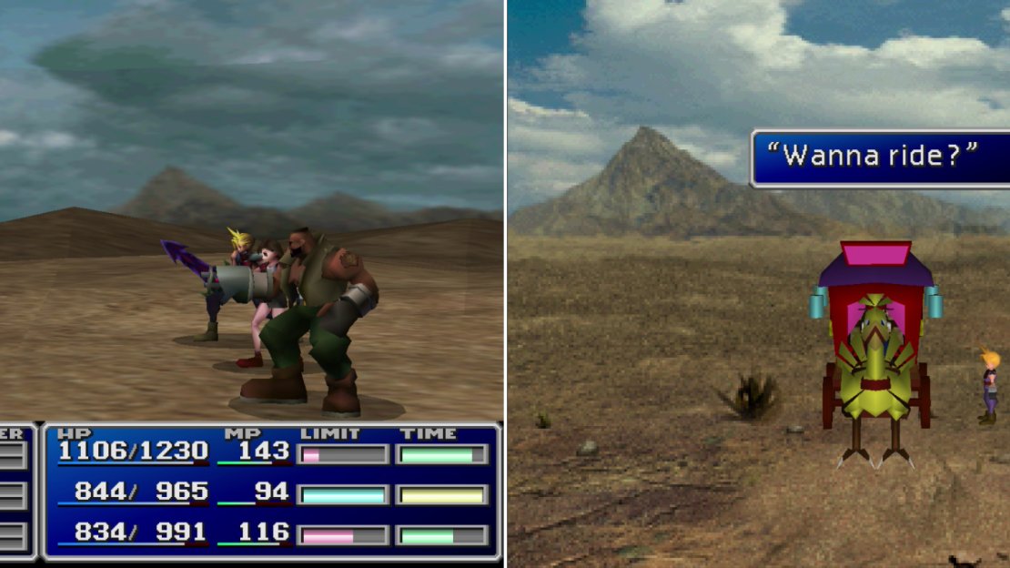 If you brave the deserts and are fortunate enough to encounter a Cactuar, killing one will earn you 10,000 Gil (left). If you get lost in the desert, keep exploring until you find the mysterious Chocobo carriage (right). It’ll take you back to Corel Prison.
