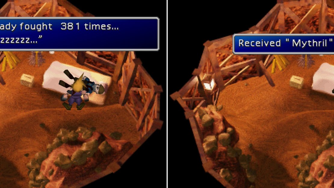 With the Buggy in your possession, you can visit the perpetually sleeping miner in the caves near Junon. He will tell you how many battles you’ve fought (left) and if the last two digits are certain numbers, will give you one of two items (right).