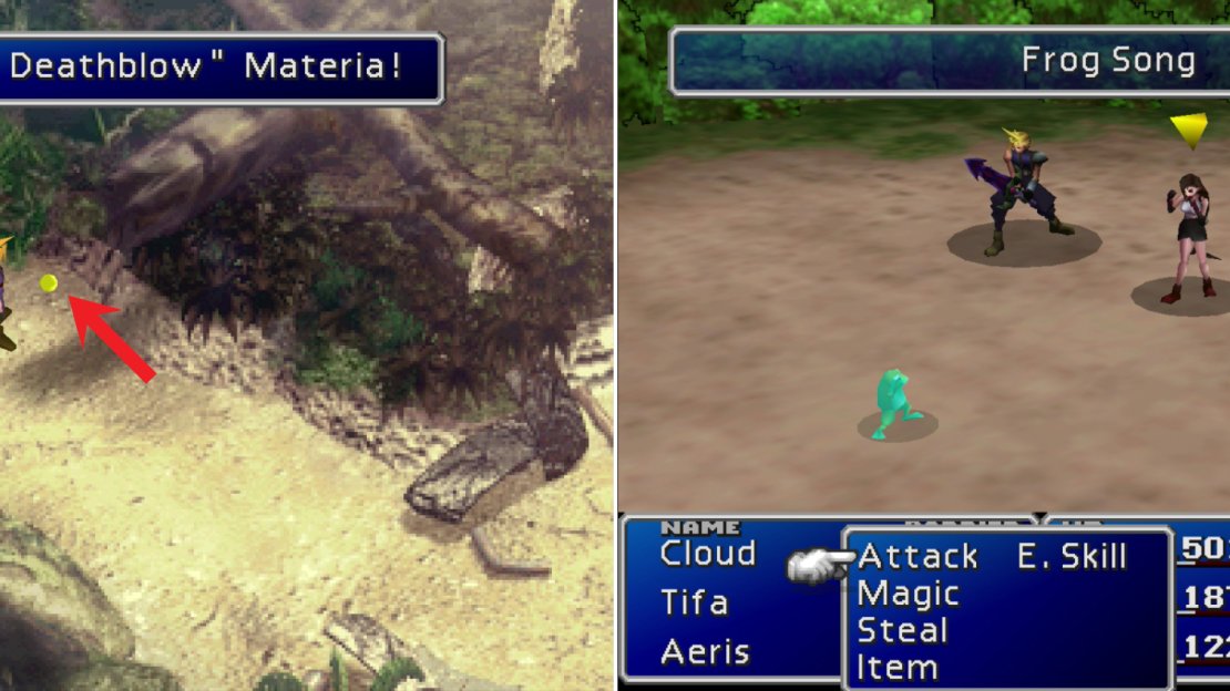 Pick up the Deathblow Materia outside of Gongaga (left) and learn the “Frog Song” Enemy Skill from “Touch Me” enemies (right).