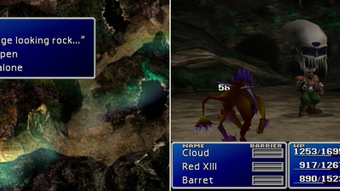 Break open the rocks in hte caves to open the way to the next area (left). A number of nasty creatures in the Cave of the Gi will be only too happy to teach you the “Death Sentence” spell (right).