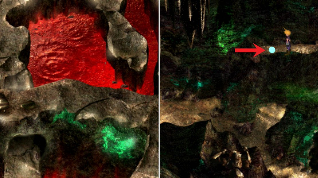 Avoid running on the slick patch on the ground, else you’ll find yourself in close contact wtih some spike (left). Be sure to pick up the Added Effect Materia in the Cave of the Gi (right).