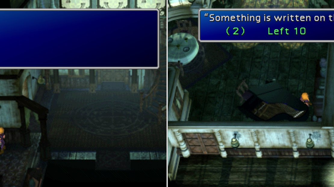 Search the room just west of the entrance to find the clues to a little game a former resident of the Shinra Mansion left behind. The first code is on the fourth, blank line under the clue (left). Another clue can be found behind a piano (right).